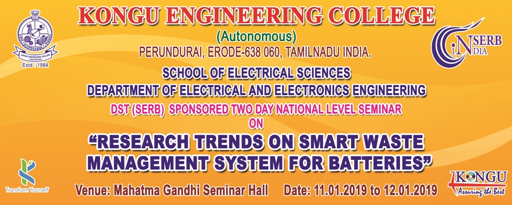 Two Days National Seminar on Research Trends on Smart Waste Management System for Batteries 2019